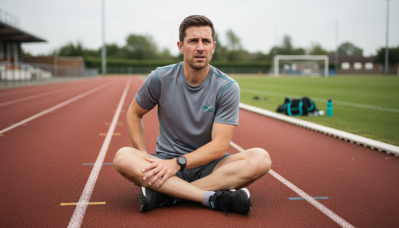 A realistic, empathetic photo of a male runner in his 30s sitting on the sidelines of a track, looking frustrated and holding his hamstring. The mood is thoughtful, not defeated. The color palette is muted, incorporating the brand's teal and grey tones. Aspect ratio: 16:9.