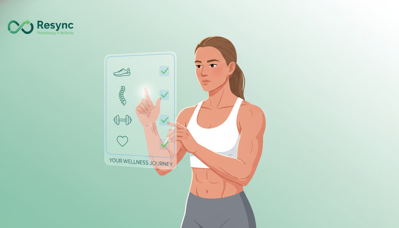 A clean, modern illustration of an athlete looking at a floating checklist. Icons on the checklist represent different aspects of physiotherapy: a running shoe, a spine, a dumbbell, and a heart. The background is minimalist, using brand colors. Aspect ratio: 16:9.