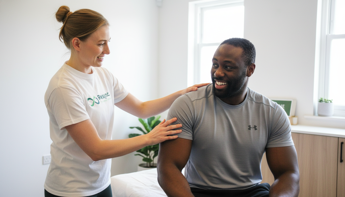 A professional, empathetic physiotherapist in a branded polo shirt guiding a male athlete in his early 30s through a specific rehabilitation exercise in a bright, modern clinic. The focus is on the one-on-one, expert interaction and supportive environment. Aspect ratio: 4:3.
