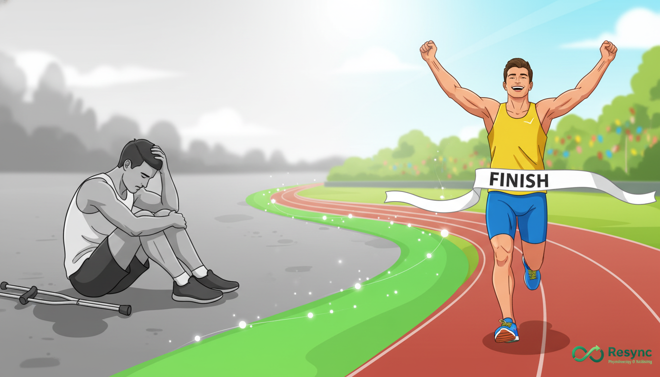 An inspiring illustration showing a runner's journey. On the left, the runner is depicted in grayscale, looking frustrated on the sidelines. A path in the brand's green color leads to the right, where the same runner is shown in full color, crossing a finish line confidently. The style is modern and clean. Aspect ratio: 16:9.