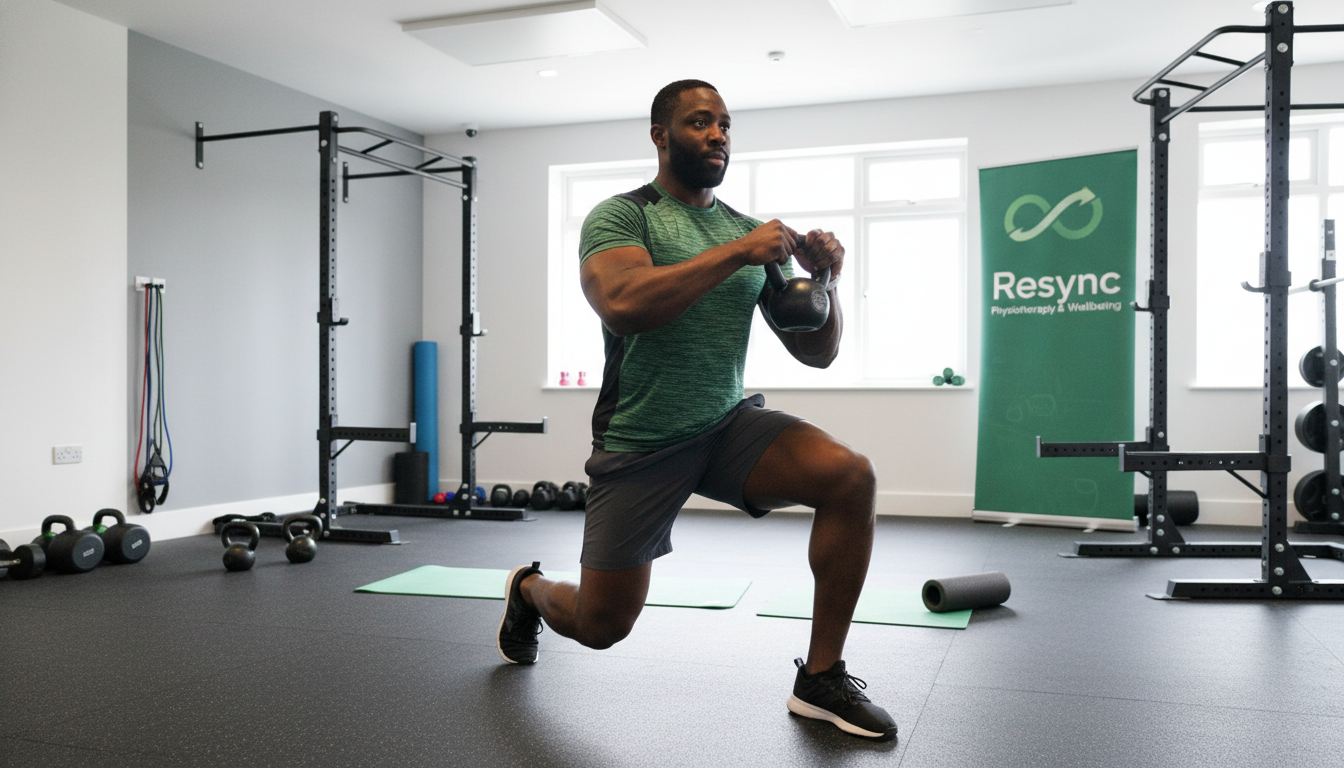 A dynamic, realistic photograph of an athlete performing a weighted lunge with a torso twist in a well-equipped physiotherapy gym. Their posture is perfect, showing focus and control, representing advanced functional strengthening. Aspect ratio: 16:9.