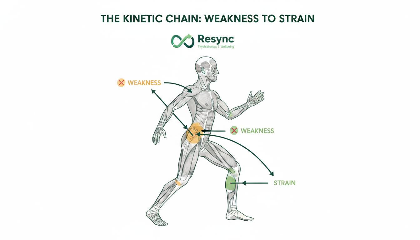 An elegant infographic illustrating the concept of the kinetic chain in an athlete's body. Show how weak core and glute muscles (highlighted in a subtle warning color) can lead to strain in the hamstrings and lower back. Use clean lines and modern icons. Brand colors: #2A6B5A, #4D9A83. Aspect ratio: 4:3.