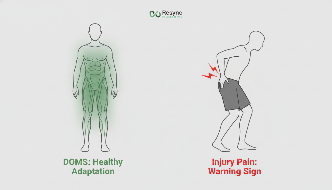 A clean, modern illustration differentiating between muscle soreness and injury pain. On the left, a figure with a generalized, soft green glow over their muscles labeled 'DOMS: Healthy Adaptation'. On the right, a figure with a sharp, red, localized 'ping' symbol labeled 'Injury Pain: Warning Sign'. Minimalist style. Aspect ratio: 1:1.
