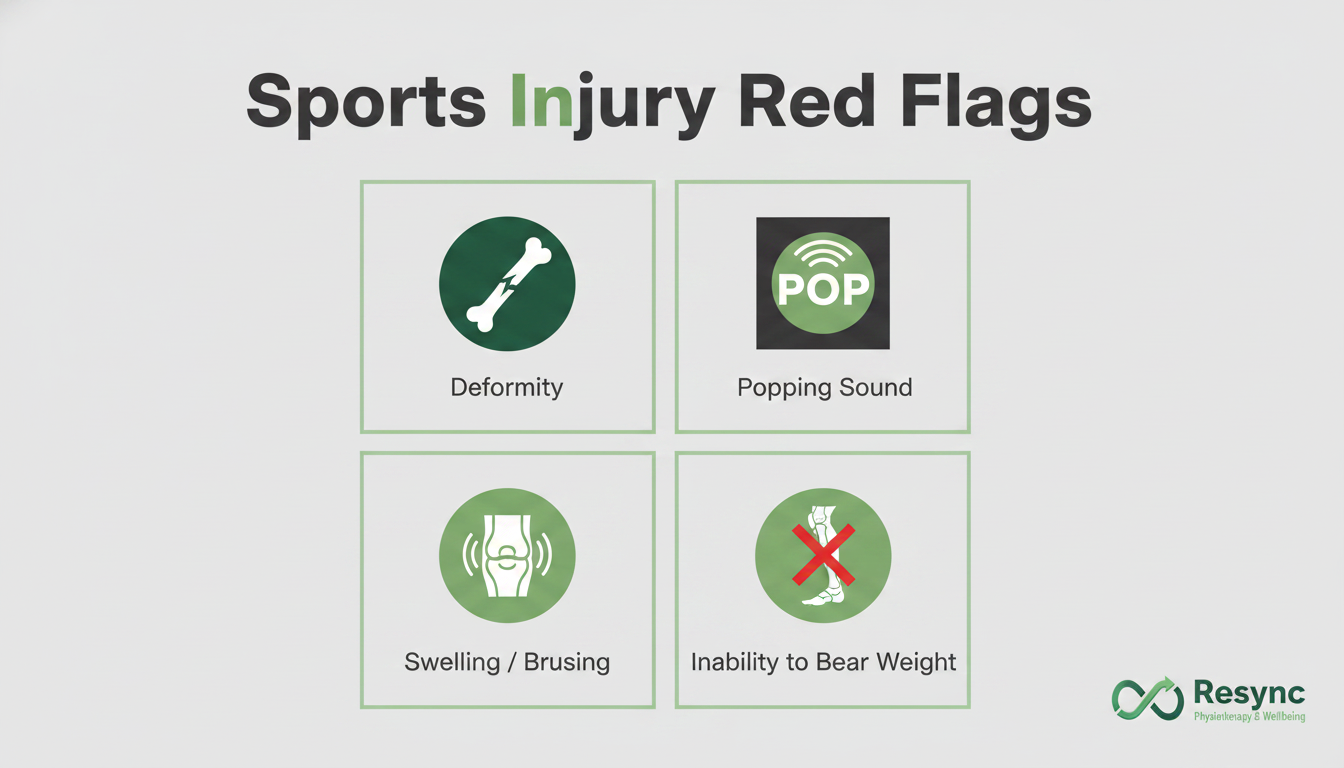 A clean and simple infographic titled 'Sports Injury Red Flags'. It uses icons to represent key warning signs: a broken bone for deformity, a sound wave for a 'popping' sound, a swollen joint, and a leg with a cross through it for 'inability to bear weight'. Use brand colors for a professional look. Aspect ratio: 1:1.
