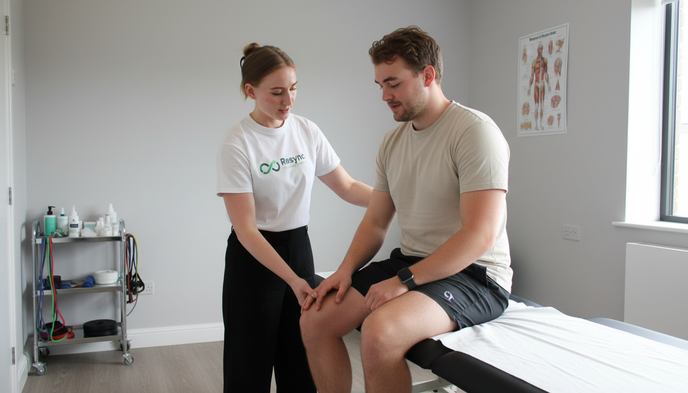 A professional and empathetic photograph of a physiotherapist in a branded polo shirt assessing a patient's knee in a clean, modern clinic. The atmosphere is supportive and focused. The patient appears engaged and comfortable. Soft, natural lighting. Aspect ratio: 16:9.