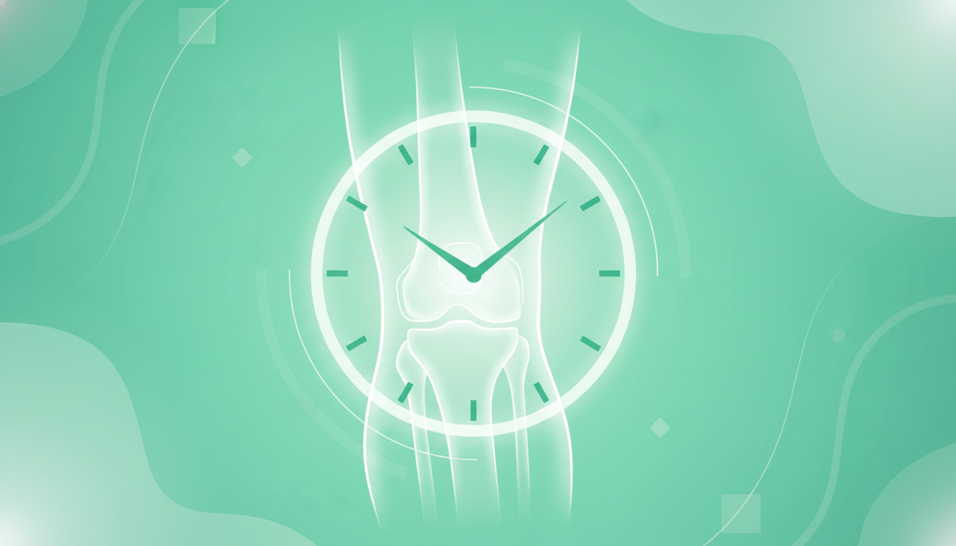 A stylized illustration showing a glowing clock face over a subtle image of an athlete's knee. The hands of the clock are in a 'golden window' of the first few hours, symbolizing the importance of early diagnosis for a sports injury. The style is modern and clean. Aspect ratio: 16:9.