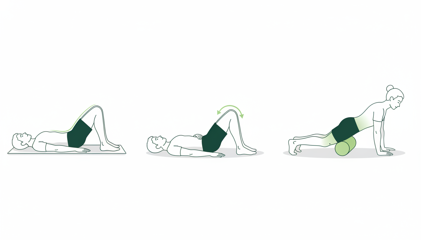 A series of three minimalist, line-art style illustrations demonstrating proper form for a glute bridge, a clamshell, and a foam rolling technique for the quadriceps. The style is clean, instructional, and uses the brand's core colors. Aspect ratio: 16:9.