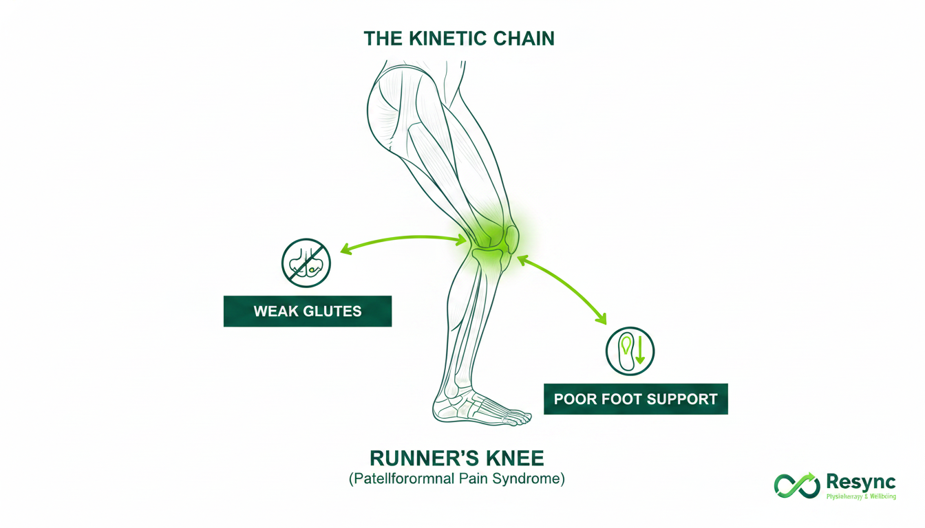 A clean, modern infographic illustrating the kinetic chain related to runner's knee. It shows a simplified anatomical diagram of a leg, with arrows originating from icons representing 'weak glutes' and 'poor foot support,' both pointing towards a highlighted, painful kneecap. The design is minimalist and easy to understand. Aspect ratio: 1:1.
