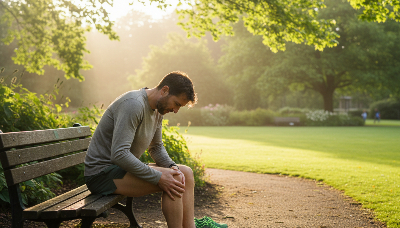 An empathetic, realistic photograph of a runner in their 30s sitting on a park bench, looking frustrated while holding their knee in discomfort. The setting is a lush, green park reminiscent of those in Solihull or Balsall Common, with soft morning light. The mood is one of disappointment and concern. Aspect ratio: 16:9.