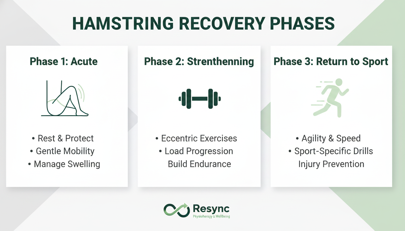 An infographic illustrating the 3 phases of hamstring recovery. Use three distinct sections labeled 'Phase 1: Acute', 'Phase 2: Strengthening', and 'Phase 3: Return to Sport'. Use simple icons for each phase (e.g., a gentle stretch icon, a dumbbell icon, a running icon). Clean, modern design with brand colors. Aspect ratio: 1:1.