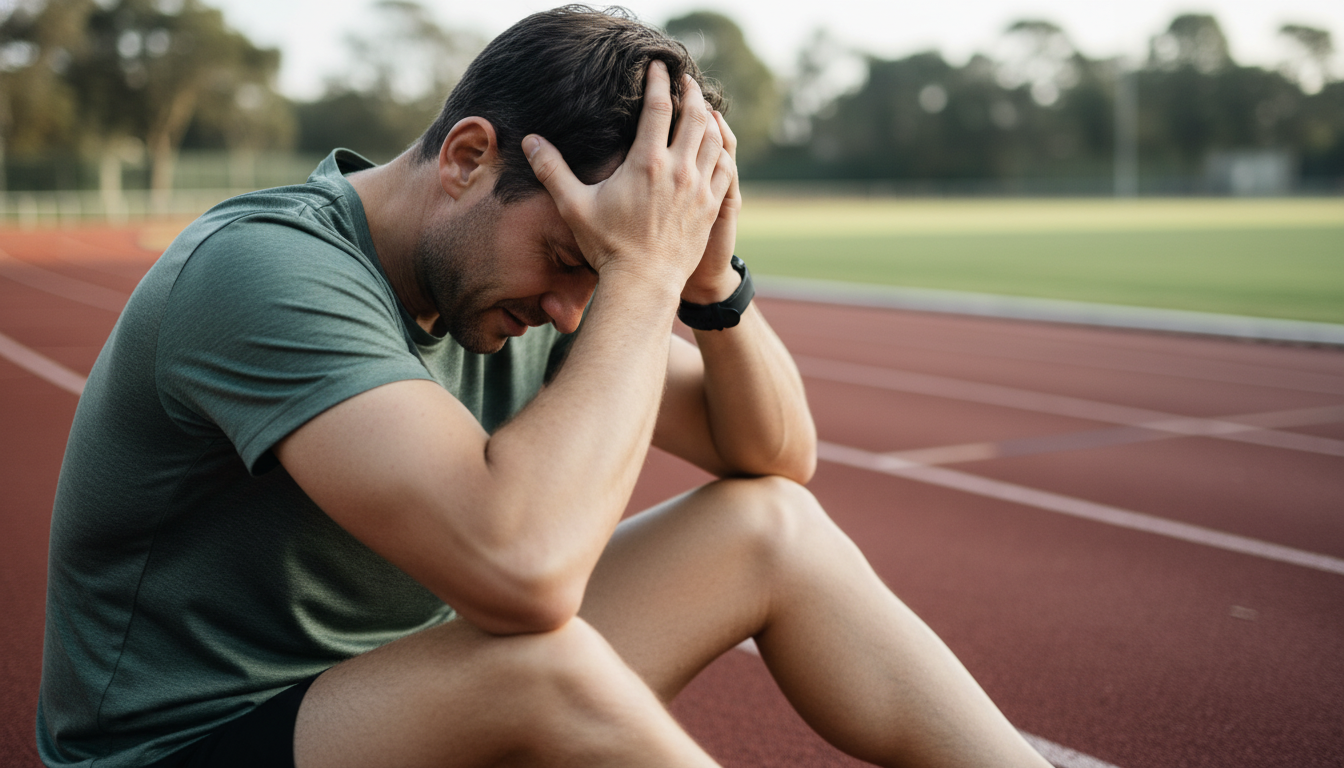 A close-up, empathetic shot of a male runner in his 30s sitting on the edge of a track, head in his hands in frustration, with his hamstring being the subtle focus. The mood is one of disappointment but with a hint of determination. Soft, natural lighting. Aspect ratio: 16:9.