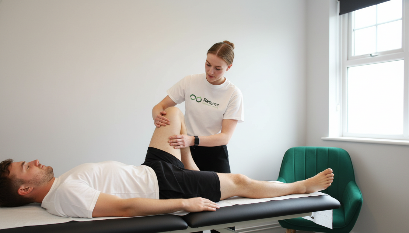 A professional and empathetic female physiotherapist in a clean, modern clinic assessing the hamstring of a male athlete. The focus is on the hands-on, expert assessment process. Both individuals are dressed in athletic/professional attire. Bright, clinical lighting. Aspect ratio: 16:9.