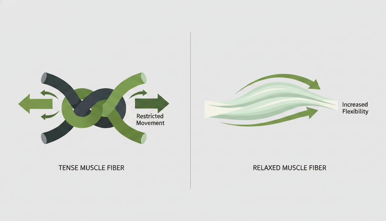 A clean and modern infographic with minimal text, illustrating the concept of a muscle fiber. One side shows a tense, knotted muscle fiber with arrows indicating restricted movement. The other side shows the same fiber becoming smooth and elongated after a massage, with arrows indicating increased flexibility. Use brand colors. Aspect ratio: 1:1.