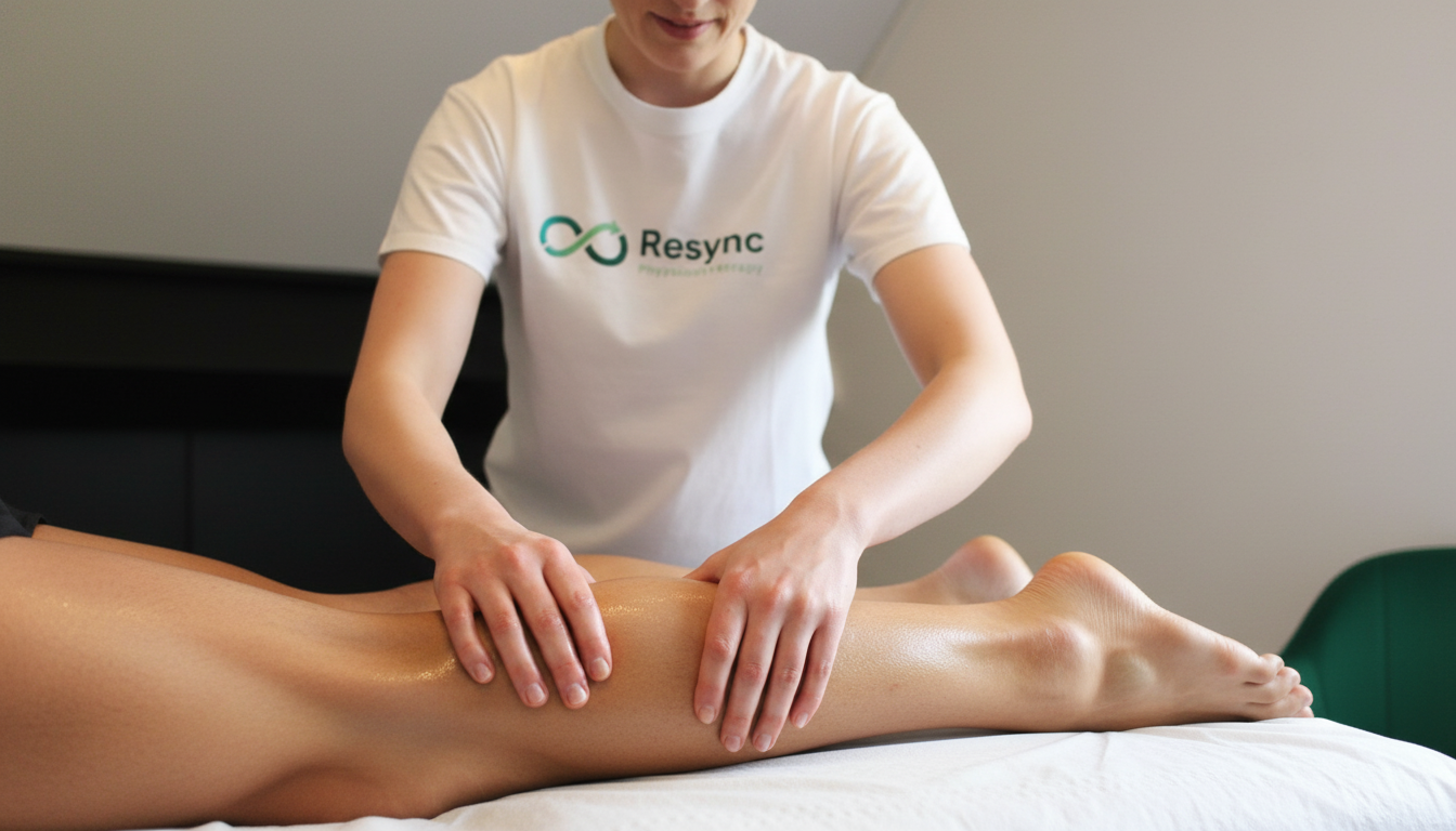 A close-up, realistic photograph of a physiotherapist's hands performing a deep tissue sports massage on a runner's calf muscle. The atmosphere is professional and clinical. The lighting highlights the muscle definition and the focus of the treatment. Aspect ratio: 16:9.