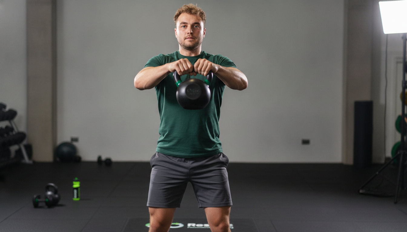 A dynamic, realistic photograph capturing a male footballer at the peak of a kettlebell swing in a gym setting. The motion is frozen, showing the powerful hip extension and the kettlebell at chest height. The focus is on explosive power and correct form. The athlete is looking determined. Aspect ratio: 1:1.