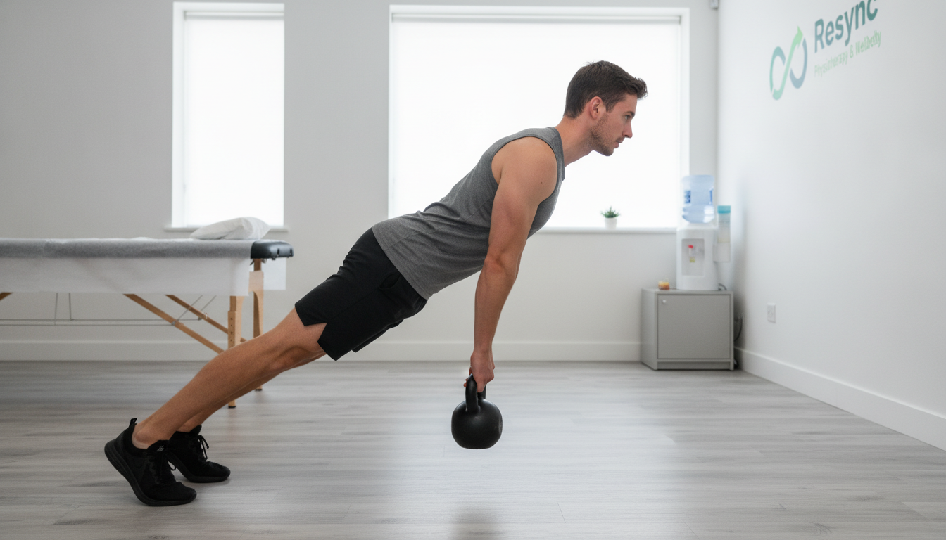Side-profile realistic photograph of an athlete with good form performing a Single-Leg Romanian Deadlift. They are hinging at the hips with a flat back, the standing leg is slightly bent, and the back leg is extended. They are holding a single kettlebell. The environment is a clean, modern physiotherapy clinic. Aspect ratio: 4:3.