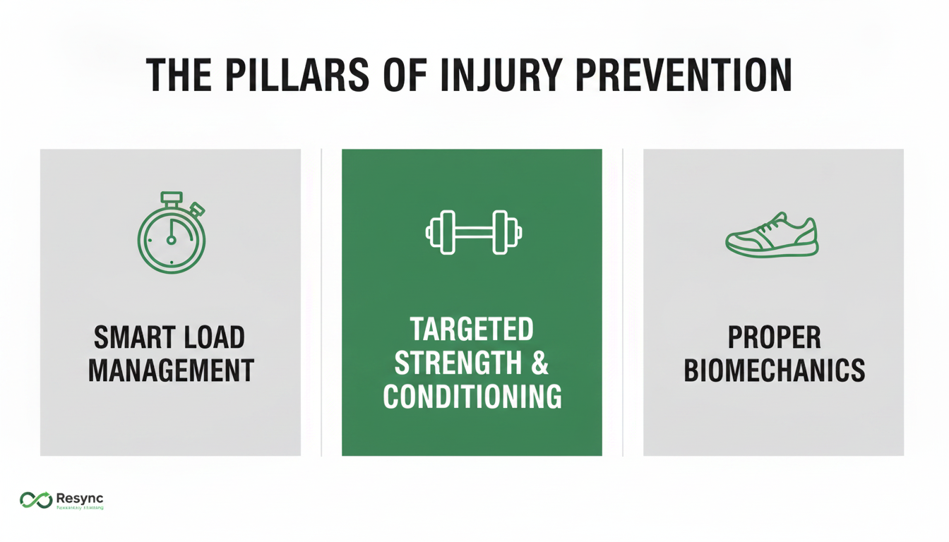 A clean and modern infographic titled 'The Pillars of Injury Prevention'. It features three distinct icons: a stopwatch for 'Smart Load Management,' a dumbbell for 'Targeted Strength & Conditioning,' and a running shoe for 'Proper Biomechanics.' Use Resync's primary brand colors. Aspect ratio: 1:1.