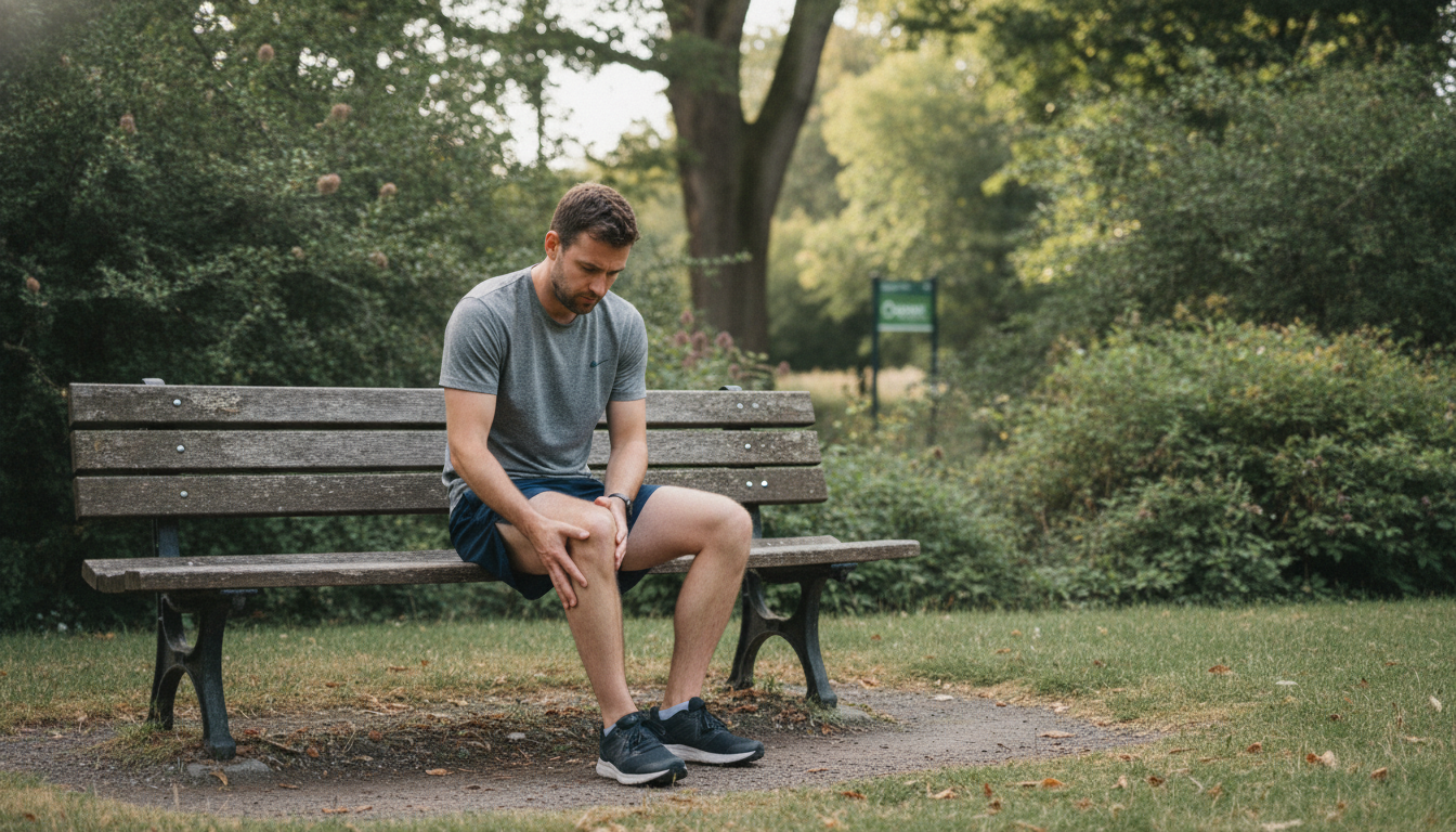 A realistic, empathetic photograph of a male runner in his early 30s, sitting on a park bench looking frustrated while holding his injured leg. The setting is a park that evokes the feel of Balsall Common, with soft, natural lighting. The mood should be thoughtful and convey the feeling of being sidelined. Aspect ratio: 16:9.