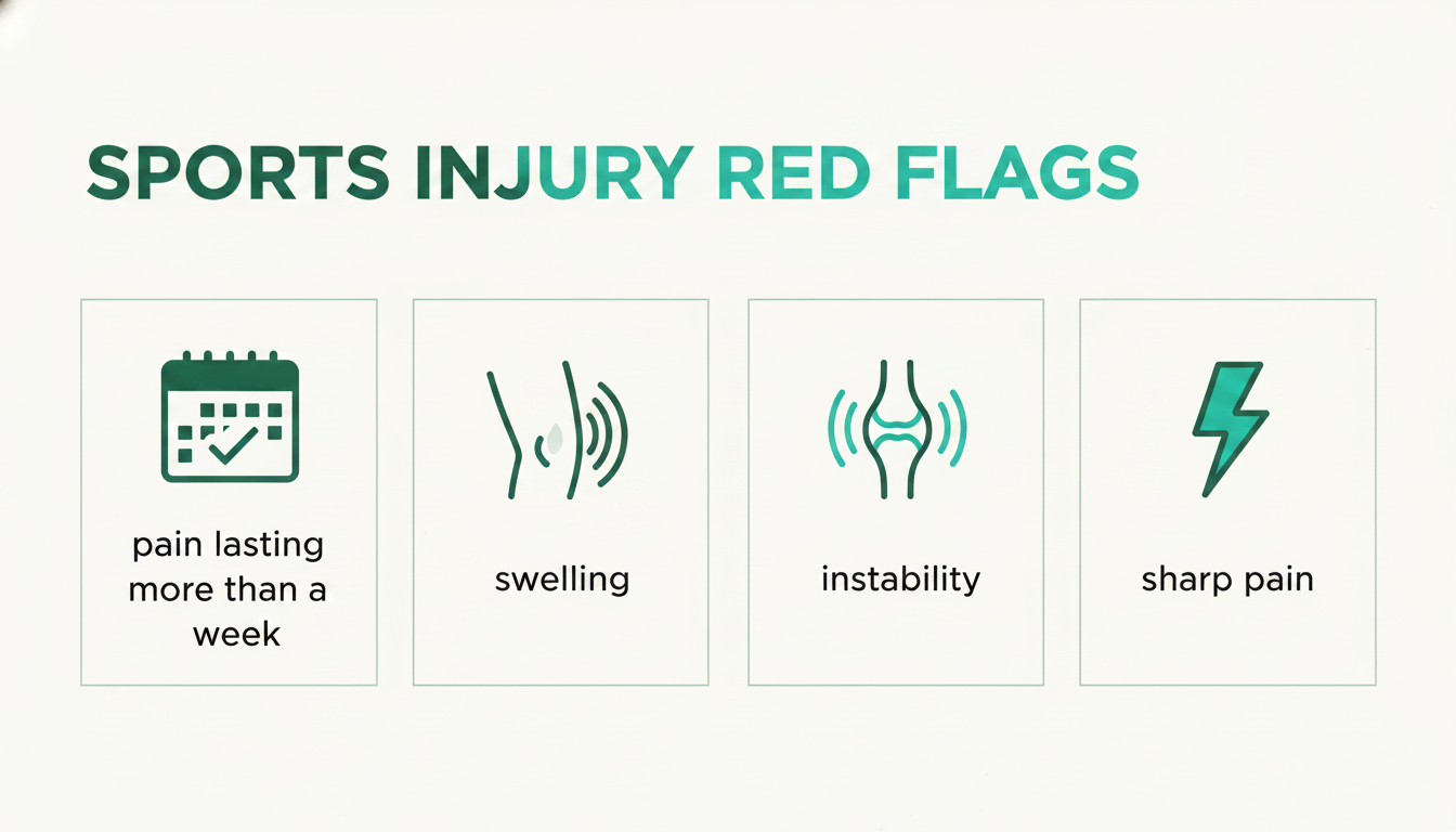 A clean, modern infographic titled 'Sports Injury Red Flags.' Use simple icons to represent key symptoms: a calendar icon for 'pain lasting more than a week', a swelling icon, a wobbly joint icon for 'instability', and a lightning bolt for 'sharp pain'. Use brand colours #2A6B5A and #4D9A83 for icons and text against a white or #eAf4f1 background. Aspect ratio: 1:1.