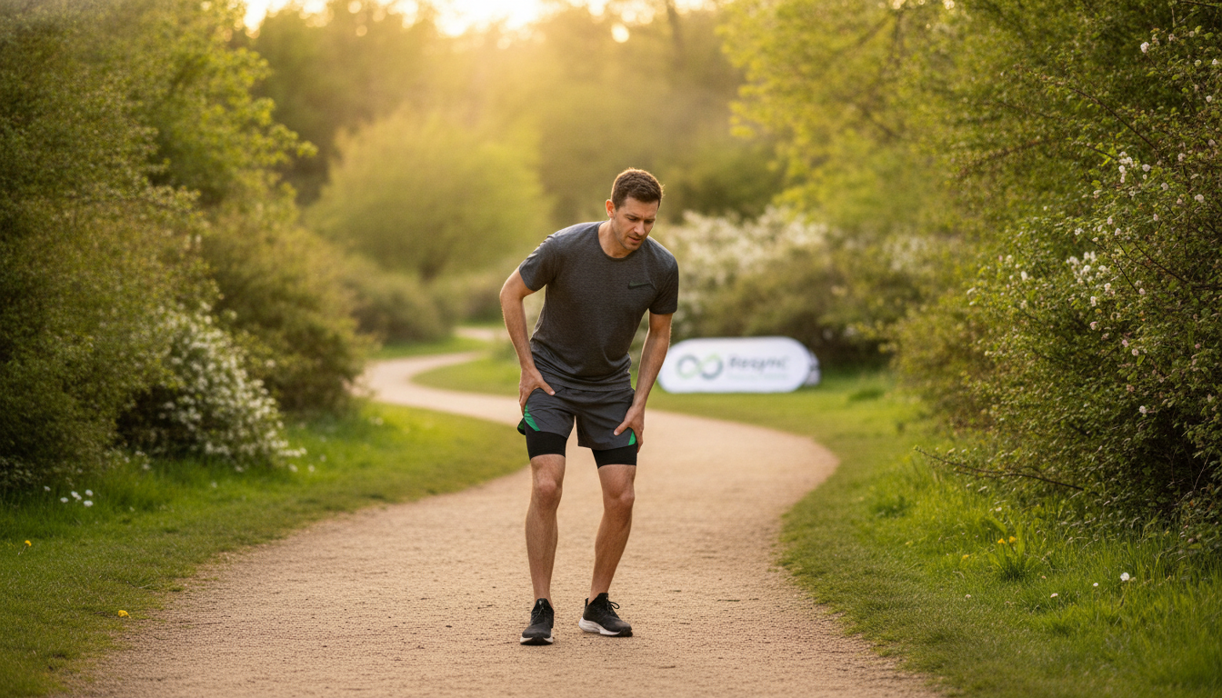 A realistic photograph of a male runner in his early 30s, paused on a running trail in a park, holding the back of his thigh with a look of concern and frustration. The lighting should be natural, perhaps late afternoon. The overall mood is one of uncertainty. Aspect ratio: 16:9.