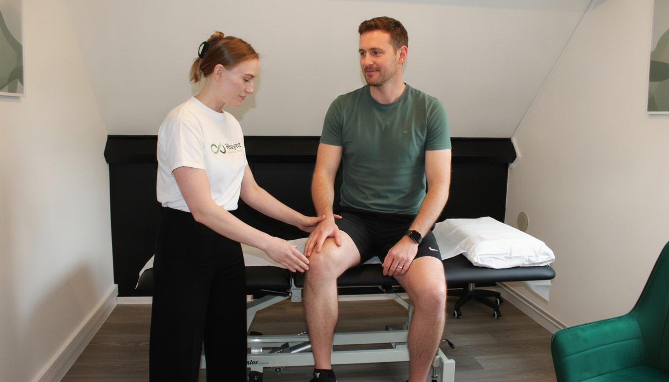 A professional and empathetic shot of a female physiotherapist assessing a patient's knee in a clean, modern clinic setting. The physio is attentive and the patient looks comfortable and listened to. The atmosphere is bright, supportive, and professional. Use brand colours in the clinic's decor or staff uniform. Aspect ratio: 16:9.