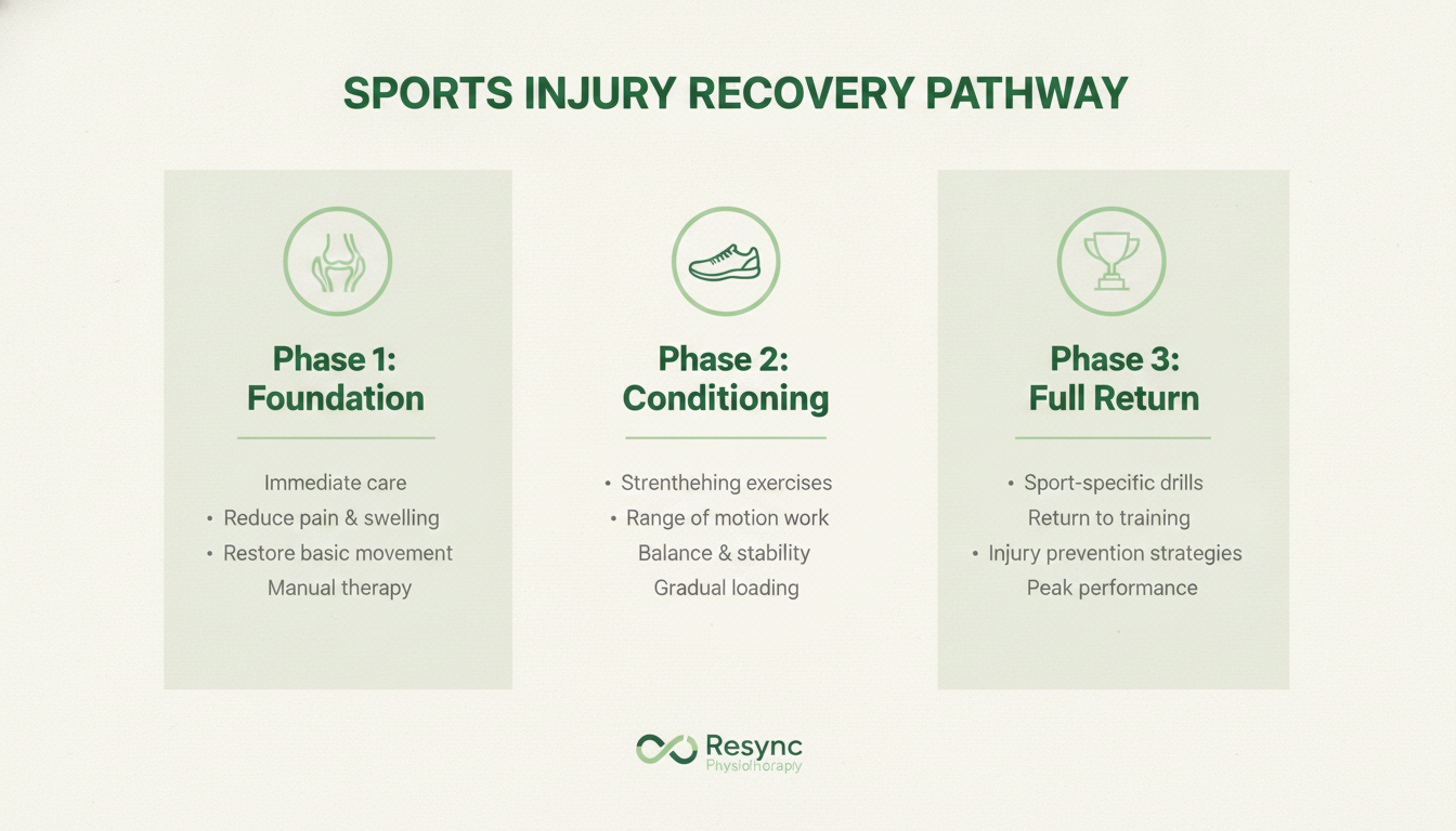 An clean and modern infographic illustrating a 3-step pathway for sports injury recovery, labeled 'Phase 1: Foundation', 'Phase 2: Conditioning', 'Phase 3: Full Return'. Use icons like a joint for Phase 1, a running shoe for Phase 2, and a trophy for Phase 3. The design should be professional and use the brand's green and neutral colors. Aspect ratio: 16:9.