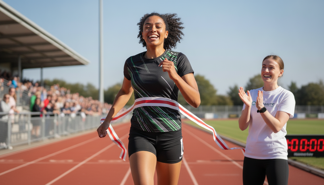 An action shot of a female runner crossing a finish line with a look of triumph and relief, fully recovered and performing at her peak. The scene is bright and energetic, symbolising a successful comeback. Aspect ratio: 16:9.
