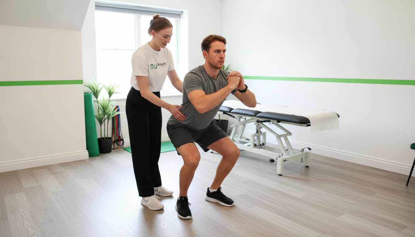 A professional and empathetic physiotherapist in a branded polo shirt guides a male athlete through a controlled rehabilitation exercise like a single-leg squat in a bright, modern clinic. The focus is on perfect form and stability. The athlete shows determination. Aspect ratio: 16:9.