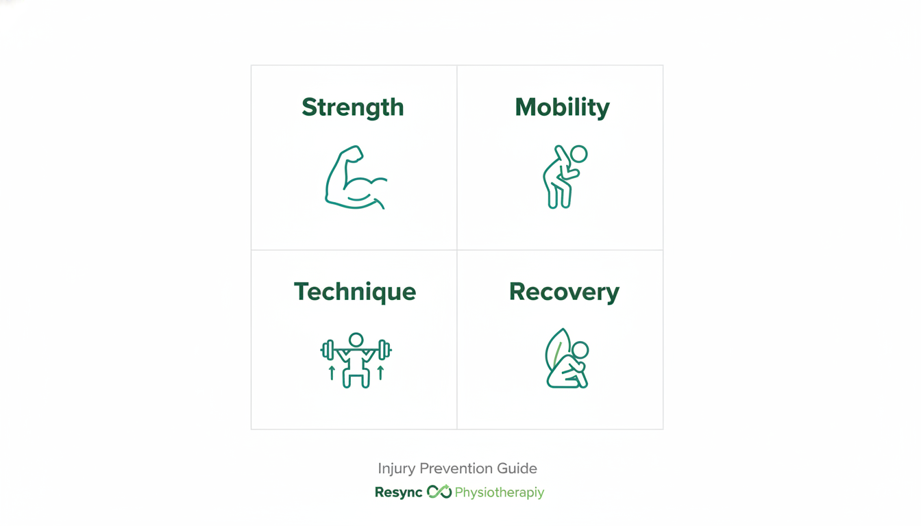 A clean infographic with four quadrants, each with a simple icon and a title: 'Strength', 'Mobility', 'Technique', and 'Recovery'. Use the brand's color palette to create a visually appealing and easy-to-read guide to injury prevention. Aspect ratio: 1:1.