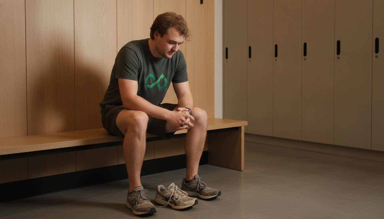 A thoughtful, realistic photo of an athlete sitting on a bench in a quiet locker room, looking at their running shoes or football boots with a determined yet patient expression. The mood is one of contemplation and resolve, not defeat. The lighting is soft and focused. Aspect ratio: 16:9.