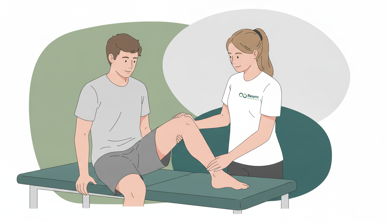 A clean, modern illustration of a physiotherapist with an empathetic expression, guiding a patient through a gentle rehabilitation exercise for their knee. The style is minimalist and supportive, using the brand's green and teal colors. Focus on the careful, precise movement. Aspect ratio: 4:3.