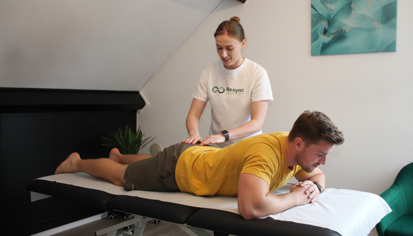 A realistic, professional photograph from a side angle. A friendly, expert physiotherapist in a branded polo shirt is guiding a male athlete through a gentle hamstring strengthening exercise on a treatment table. The clinic environment is bright, modern, and clean. The focus is on the supportive and expert interaction. Aspect ratio: 16:9.