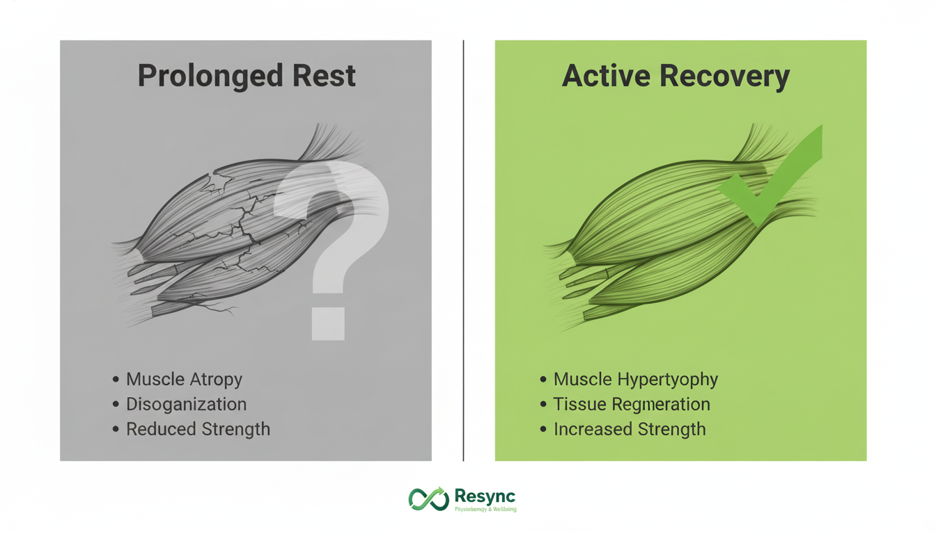An infographic with two contrasting panels. The left panel, labeled 'Prolonged Rest,' shows a stylized, thinned, and weak-looking hamstring muscle with disorganized fibers and a question mark icon. The right panel, labeled 'Active Recovery,' shows a strong, thick, and well-organized hamstring muscle with a checkmark icon. Use clean lines and brand colors. Aspect ratio: 4:3.