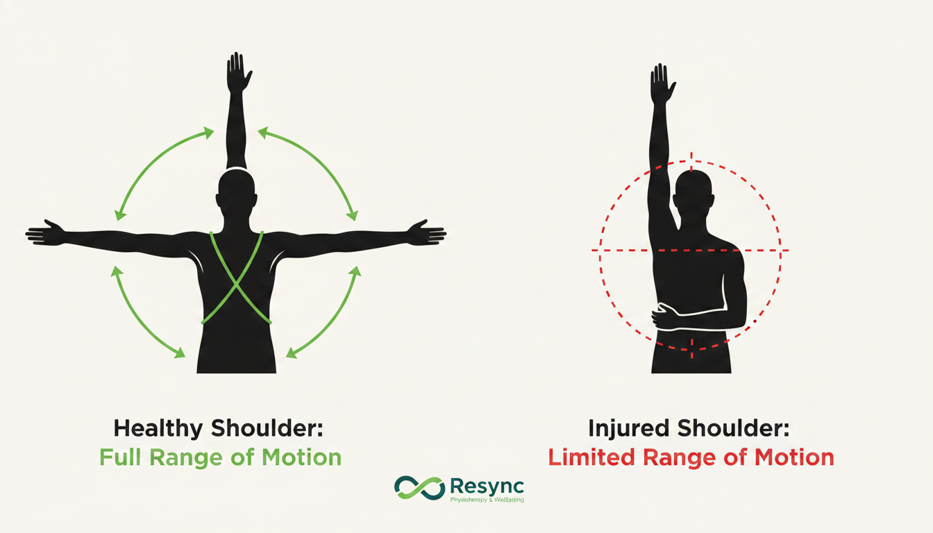 A clean, simple infographic visually comparing a healthy shoulder's full range of motion with an injured shoulder's limited range. Use clear angle markers and silhouette figures to illustrate the difference. Brand colors are used for highlights and text. Aspect ratio: 1:1.