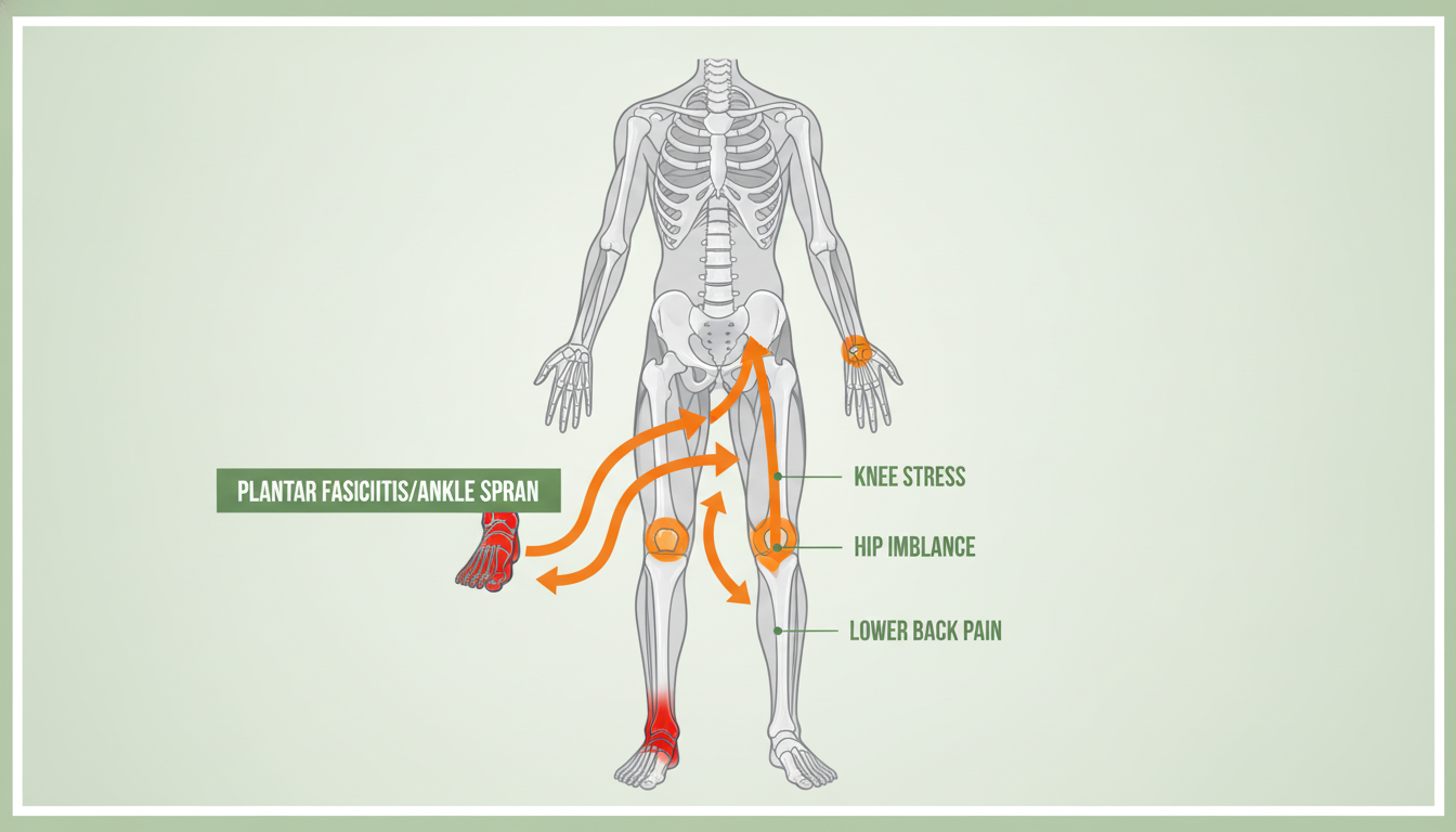 A stylised medical illustration of the human body's kinetic chain. Arrows highlight how an injury in the foot (in red) can lead to compensatory stress on the knee, hip, and lower back (in orange). The style is clean and educational, using brand colors for the background and non-highlighted areas. Aspect ratio: 4:3.