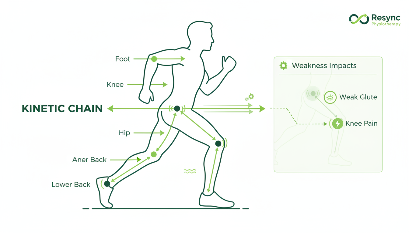A clean and modern infographic illustrating the concept of a kinetic chain in a runner's body. Lines and arrows connect the foot, ankle, knee, hip, and lower back, showing how a weakness in one area can impact another. Use clear icons and minimal text. Brand colors dominate. Aspect ratio: 1:1.