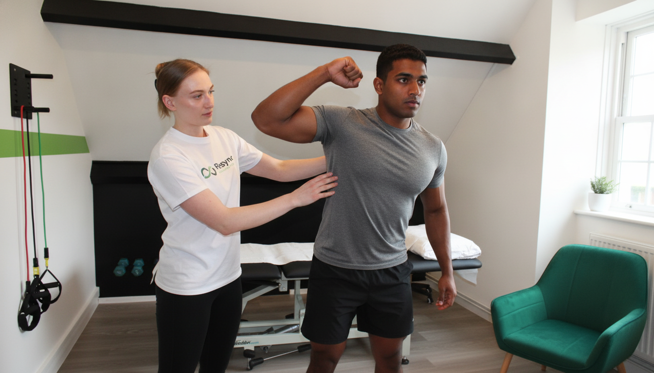 A professional and empathetic physiotherapist in a bright, modern clinic guiding an athlete through a dynamic movement exercise. The athlete is focused and determined. The environment is clean and equipped with modern physiotherapy gear. The shot conveys expertise and supportive care. Aspect ratio: 16:9.