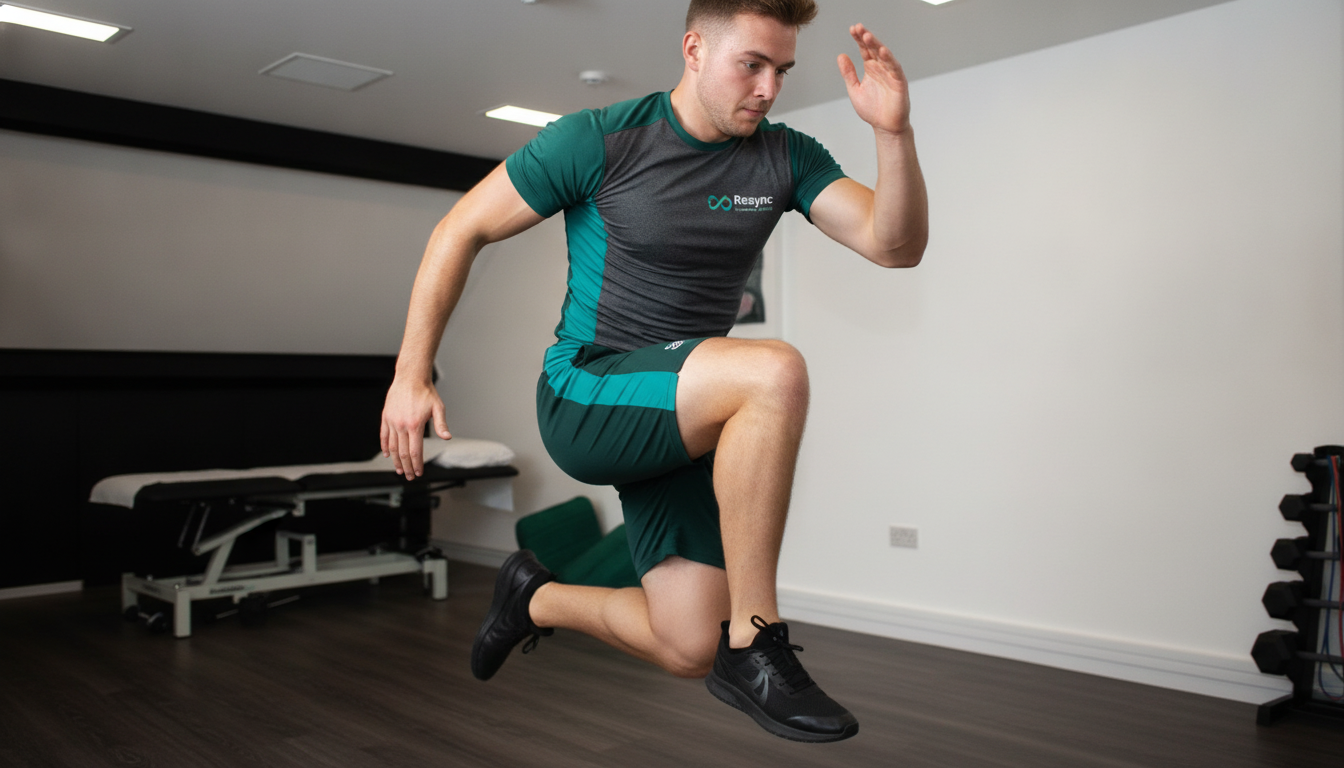 A dynamic close-up shot of an athlete performing a single-leg plyometric exercise in a clean, professional gym setting. The focus is on the power and control in their movement. The lighting is bright and motivating. The athlete is wearing apparel that incorporates brand colors. Aspect ratio: 4:3.