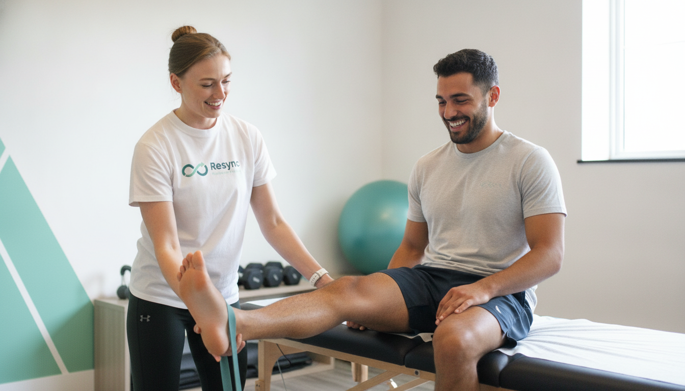 A professional and supportive female physiotherapist in a clean, modern clinic setting, guiding a male patient through a controlled rehabilitation exercise for his leg. The atmosphere is positive and focused. The clinic has touches of the brand's teal green colour. Aspect ratio: 16:9.