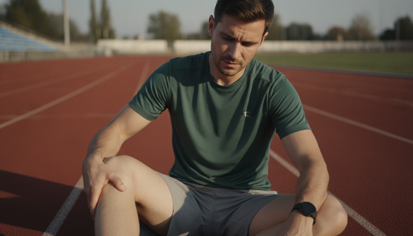 A realistic and empathetic photo of a frustrated male runner in his early 30s sitting on the sidelines of a running track, holding his hamstring. The mood is contemplative and slightly downcast, with soft, natural lighting. The athlete is wearing modern sportswear in brand-aligned colours. Aspect ratio: 16:9.