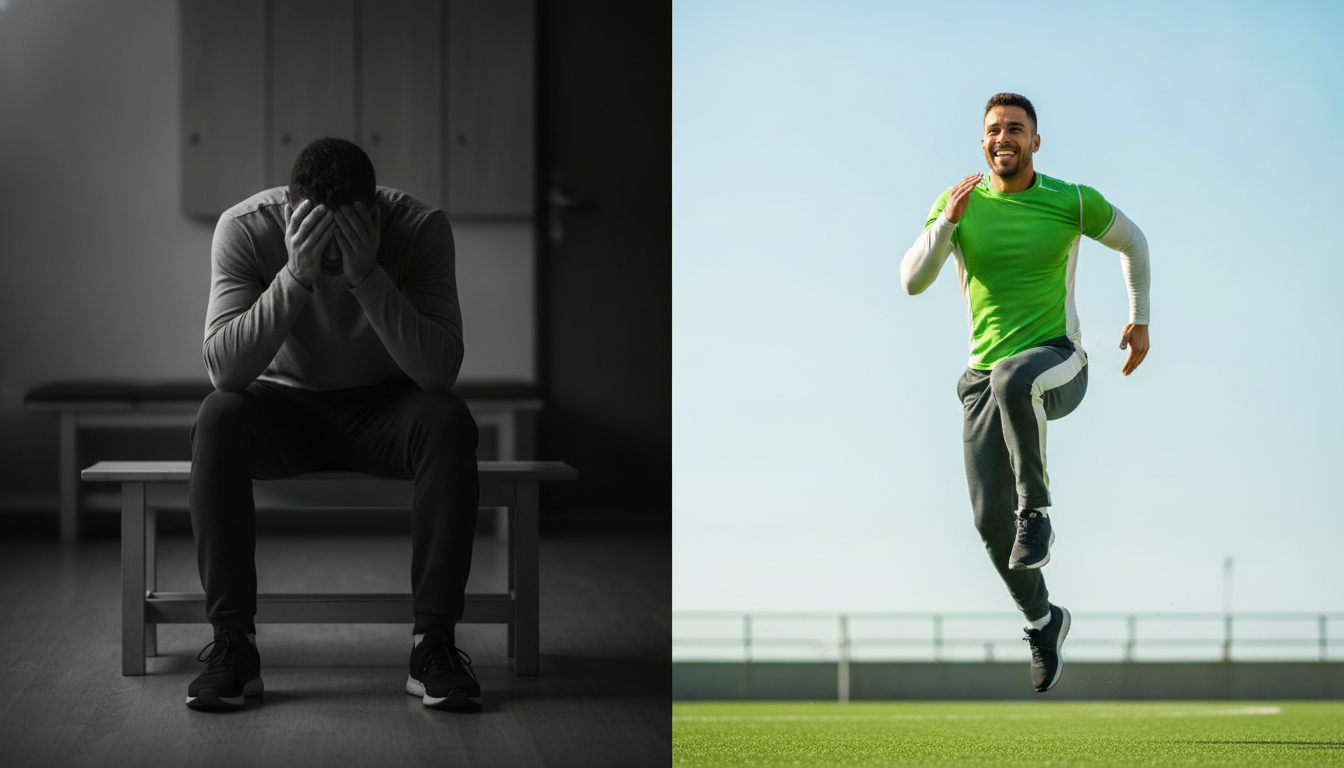 A split-screen style realistic photograph. On the left, a frustrated athlete sits on a bench in monochrome, head in hands. On the right, the same athlete is in full motion on a playing field, depicted in vibrant, hopeful colours of #4D9A83 and #F5F5F3. Aspect ratio: 16:9.