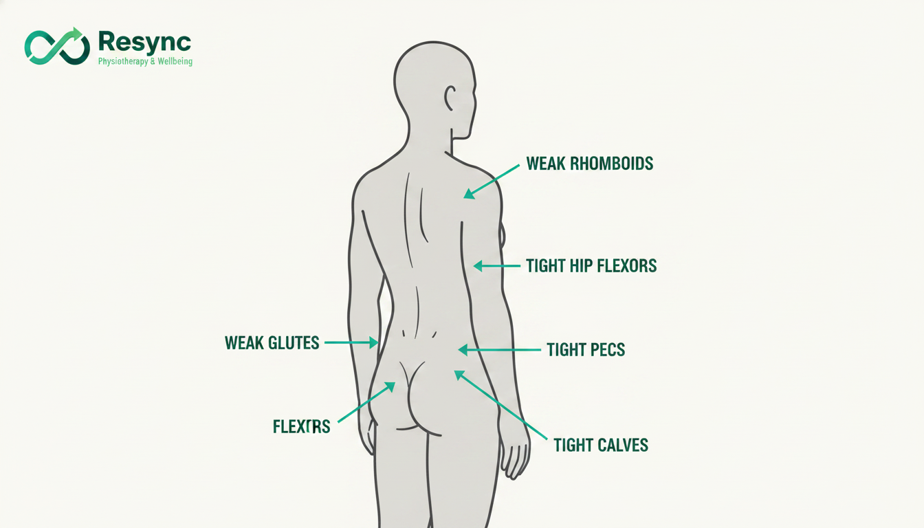 A clean infographic showing a human anatomical figure. Arrows and callouts point to common areas of muscular imbalance for athletes, such as 'weak glutes' and 'tight hip flexors.' The design is minimalist, using brand colors. Aspect ratio: 1:1.
