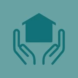 Icon of two hands holding a house symbol on a teal background.