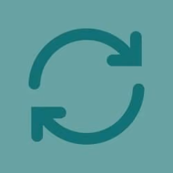 Circular refresh icon with two curved arrows forming a loop on a teal background.