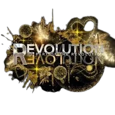 Silver text 'REVOLUTION' over gold abstract shapes and sparkles on a black background.