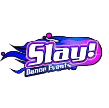 Logo reading 'Slay! Dance Events' with neon purple and blue flame graphics on black background.