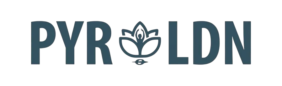 Text 'PYR LDN' with a stylized lotus flower icon between the two parts of the text.