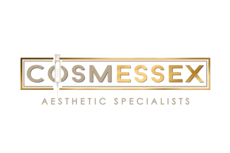 Cosmessex aesthetic specialists logo with gold and beige text inside a rectangular frame.