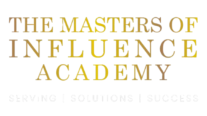 Gold text saying 'The Masters of Influence Academy' above white text 'Serving | Solutions | Success' on black background.