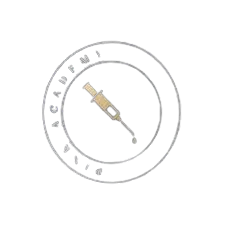 Circular logo with a syringe illustration in the center and text 'DIN ACADEMY' around the circle.